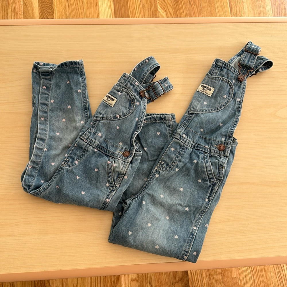 OshKosh B'gosh Denim Heart Print Overalls - Blue with White Hearts
